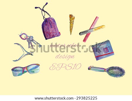 set isolated objects of various items of content of women's clutch 