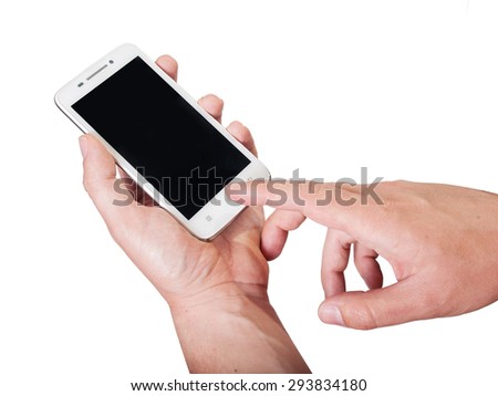 Hands use white smartphone isolated on white background