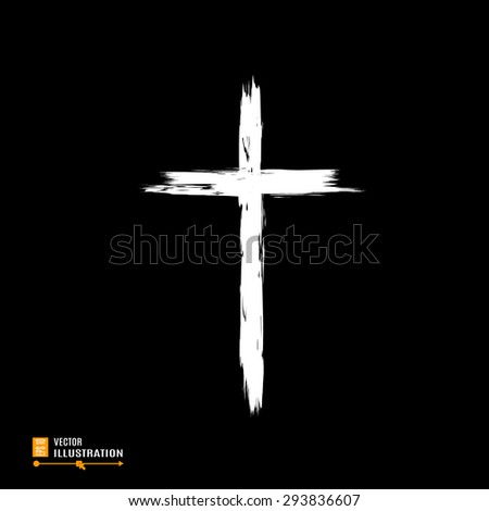 Christian sign. White grunge cross on black background. Vector illustration.