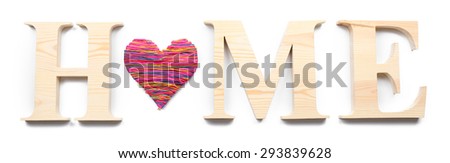 Decorative letters forming word HOME with heart isolated on white
