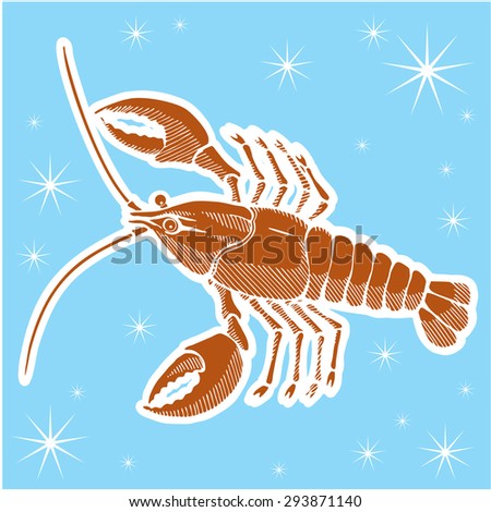 cancer with claws. Zodiac sign - Cancer. Vector illustration. Colored. Orange silhouette, light blue background