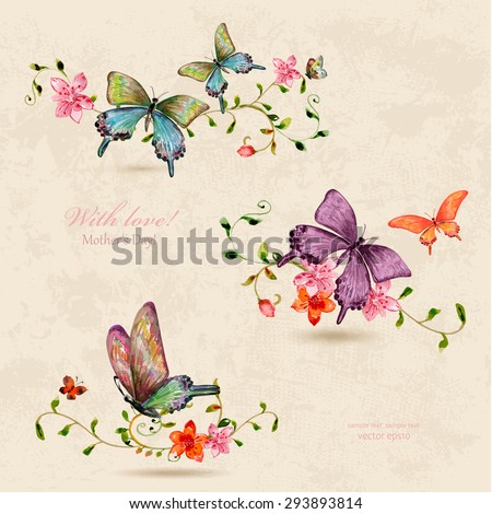 vintage a collection of butterflies on flowers. watercolor painting Royalty-Free Stock Photo #293893814