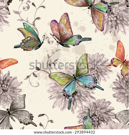 vintage seamless texture with of flying butterflies. watercolor painting. vector illustration