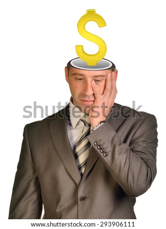 Sad businessman looking down and euro sign in his head on isolated white background