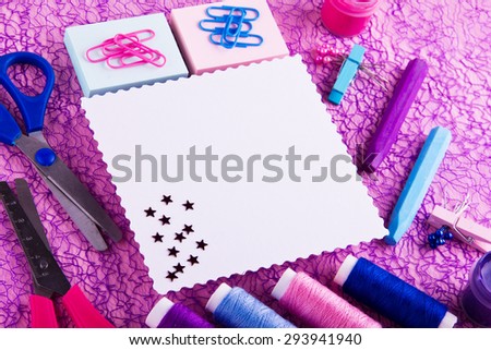 Hand made set in blue, red, purple tones. Good for blogs, web, facebook, instagram. On purple background. White paper card with wavy edges in the middle. Decorated with stars. DIY.
