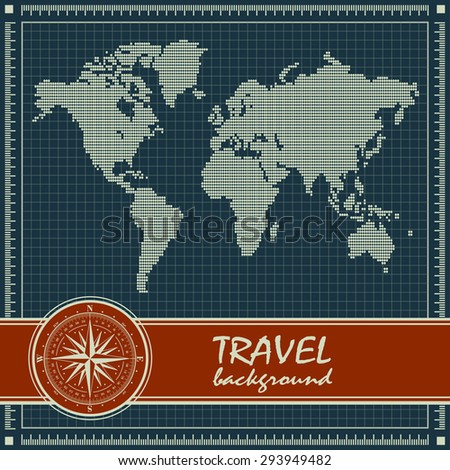 Blue retro travel background with dotted world map and  red banner with compass rose. Vector illustration.