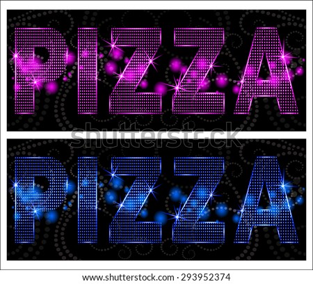 Shining neon word "Pizza". Halftona style. Vector illustration.