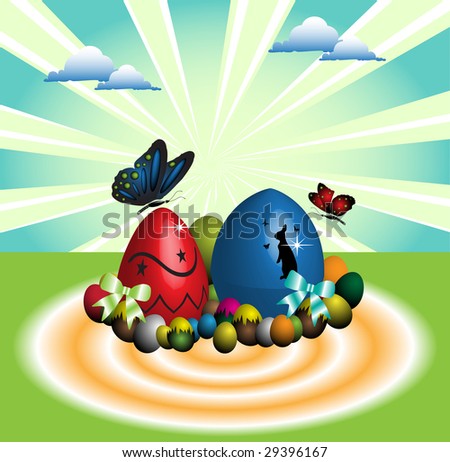 Colorful illustration with painted easter eggs and colored butterflies
