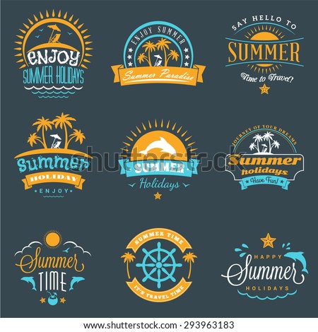 Summer Holidays Design Elements. Set of Hipster Vintage Logotypes and Badges in Three Colors on Dark Background