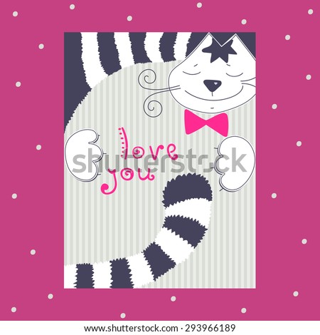 Funny romantic card with happy striped cat and bow, smile cartoon animal, love story, hand drawn pet, birthday card.