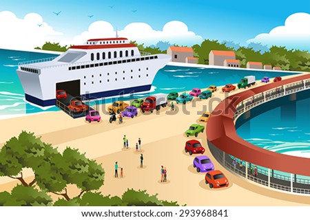 A vector illustration of cars queuing waiting for a ferry