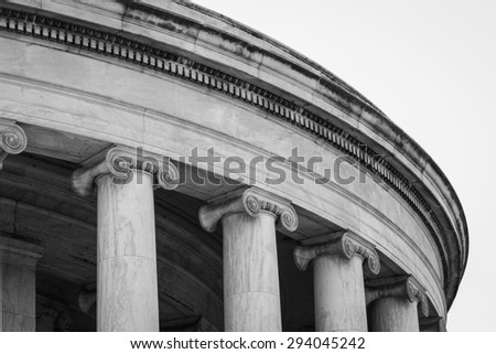 Historical & Touristic Jefferson Memorial Building With Intricate Architectural Columns Located In Washington D.C. In Black & White