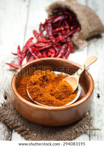 Cayenne pepper spice on wooden table Royalty-Free Stock Photo #294083195