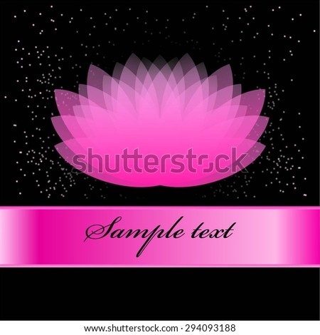 Vector illustration of Pink flower and pink ribbon on a black background with sparkles.