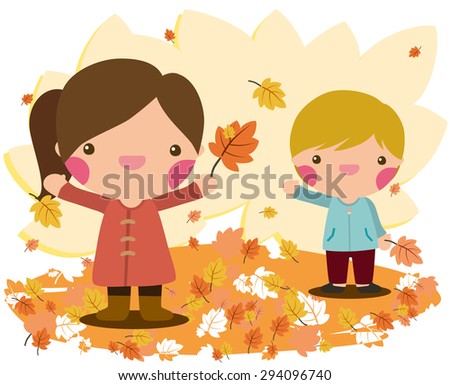 Kids playing outdoors in fall.  This vector illustration can be use for kids books as well as for advertising announcement.
