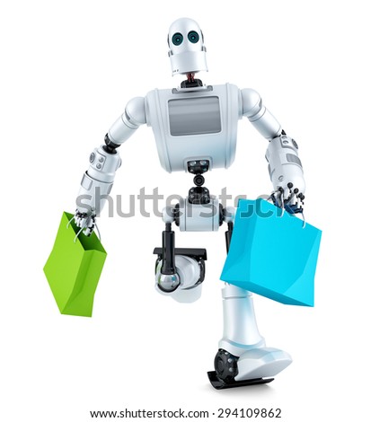 Robot running with shopping bag. Isolated over white. Contains clipping path