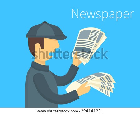 Newsboy is selling a daily newspaper. Flat illustration