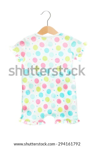 Baby clothes bodysuit polka dot texture colorful back view in clothes hanger, isolated on white background.