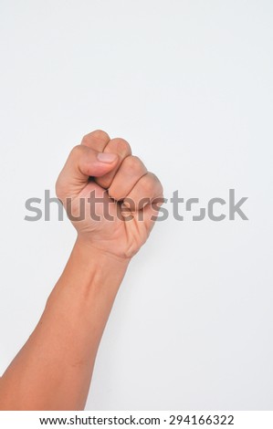 clenched fist hand closeup white background 