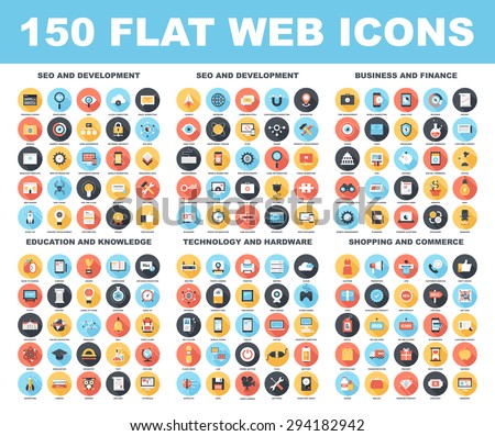Vector set of 150 flat web icons with long shadow on following themes - SEO and development, business and finance, education and knowledge, technology and hardware, shopping and commerce. Royalty-Free Stock Photo #294182942