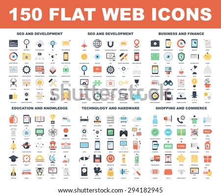 Vector set of 150 flat web icons on following themes - SEO and development, business and finance, education and knowledge, technology and hardware, shopping and commerce. Royalty-Free Stock Photo #294182945