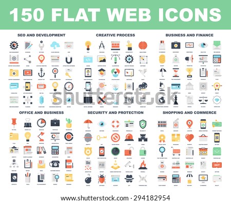 Vector set of 150 flat web icons on following themes - SEO and development, creative process, business and finance, office and business, security and protection, shopping and commerce. Royalty-Free Stock Photo #294182954