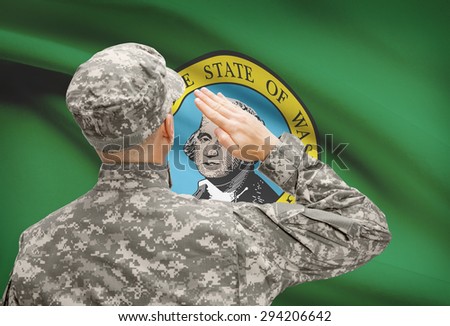 Soldier saluting to USA state flag conceptual series - Washington