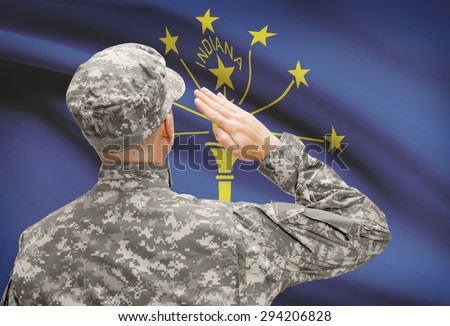 Soldier saluting to USA state flag conceptual series - Indiana