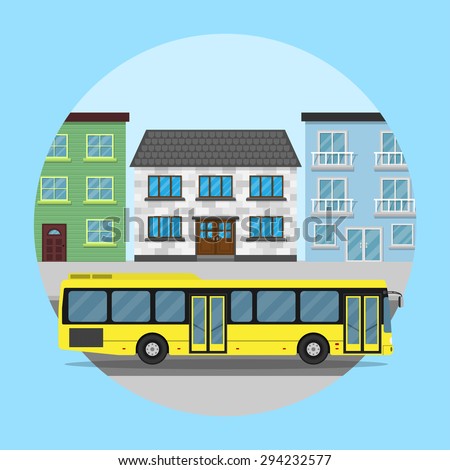 picture of a yellow city bus in front of houses, flat style illustration