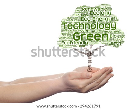 Concept or conceptual green text word cloud tree in man or woman hand isolated white background, metaphor to nature, ecology, bio, eco, energy, natural, life, world, global, protect or environmental