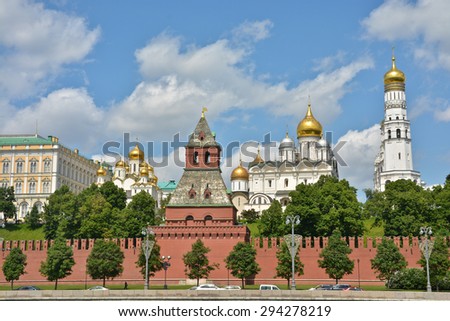 The Churches Of The Moscow Kremlin. View of the Moscow Kremlin from the Moscow river in the early summer.