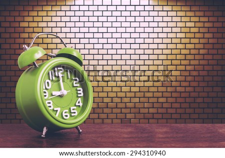 Clock on Wooden Floor with Yellow Brick Wall  Background , Vintage Style