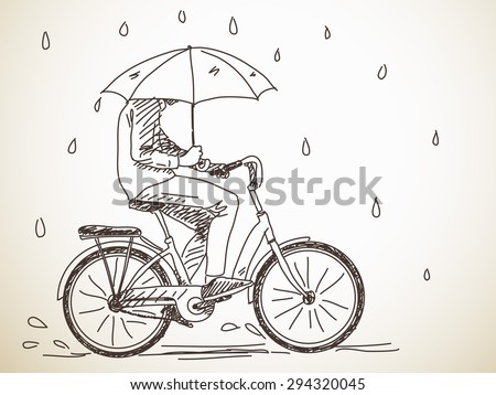 Sketch of bicyclist with umbrella under rain, Hand drawn Vector illustration