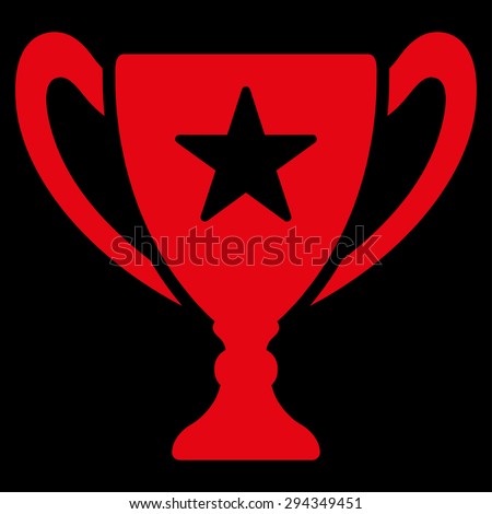 Trophy icon from Competition & Success Bicolor Icon Set. Vector style: flat symbols, red color, rounded angles, black background.