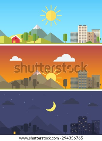 City and rural scenic landscape in different times of day. Flat style vector vector. Royalty-Free Stock Photo #294356765