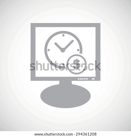 Grey image of clock and dollar sign on screen, on white gradient background