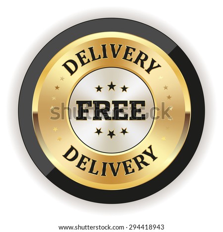 Gold free delivery badge with black border on white background