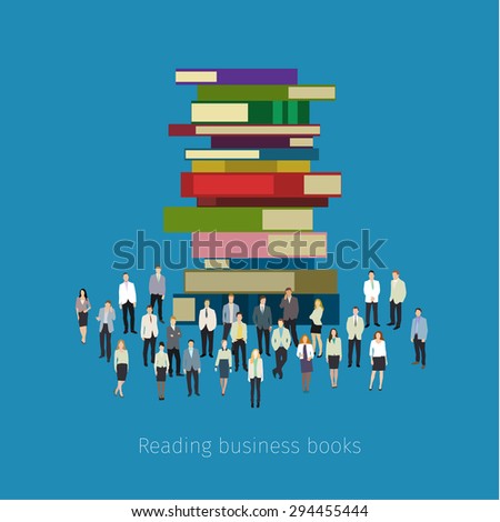 Concept of education. People crowd around books. Flat design, vector illustration