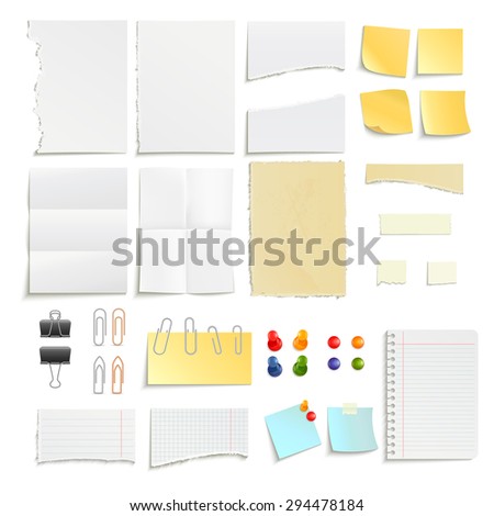 Clips pins and various note paper stripe ragged stick realistic object set isolated vector illustration