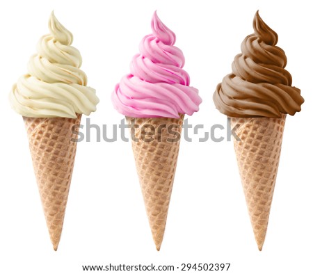 different sorts of ice cream in a waffles isolated on white background