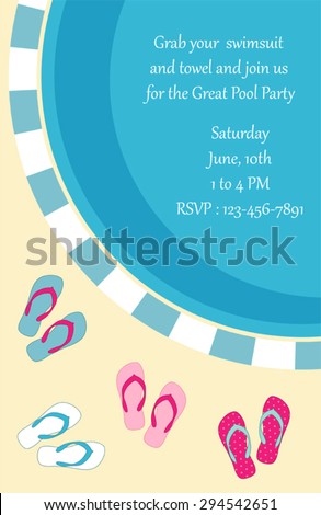 Pool party invitation with top view of a pool and flip flops