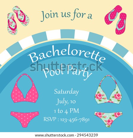 Pool party invitation with top view of a pool with colorful flip flops and swimsuits
