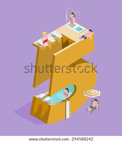 Isolated High Quality Isometric Orange Number Five on Purple Background. Vector Illustration.