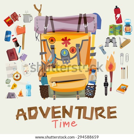 adventure backpack with traveller objects in round frame. adventure time concept. typographic wood design for header - vector illustratoin