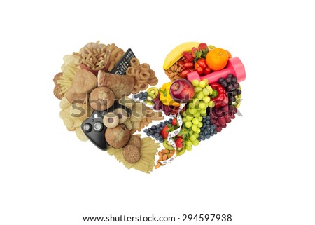 Healthy Unhealthy food and lifestyle broken heart, making the healthy choice 