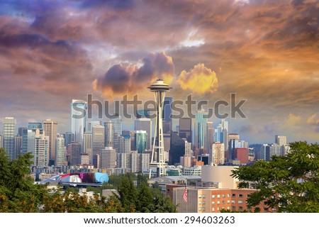 Seattle Washington Cityscape Skyline with Stormy Sky at Colorful Sunset