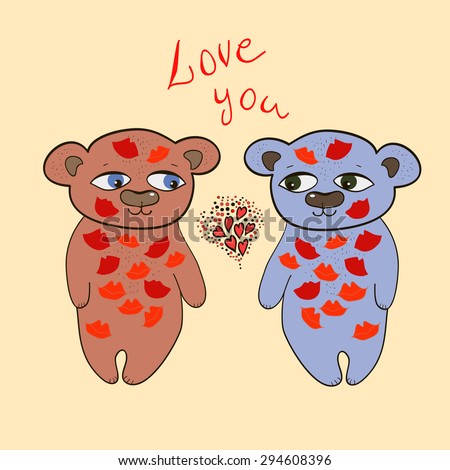 Two bears and text " I love you". Bears with the imprints of lips.