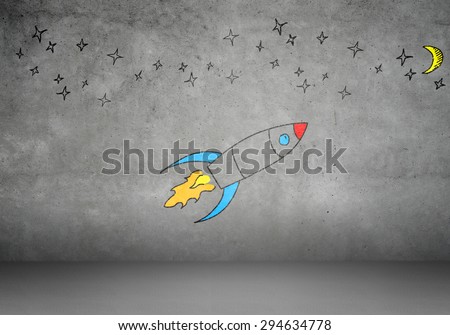 Illustration image with drawn on wall flying rocket