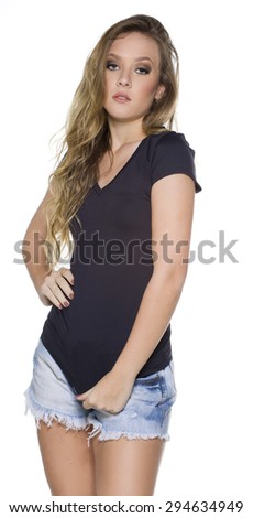 Young beautiful female with blank white shirt, front and back. Ready for your design or artwork.