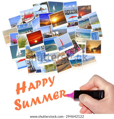 Hand writing HAPPY SUMMER and Mediterranean vacation collage photo background